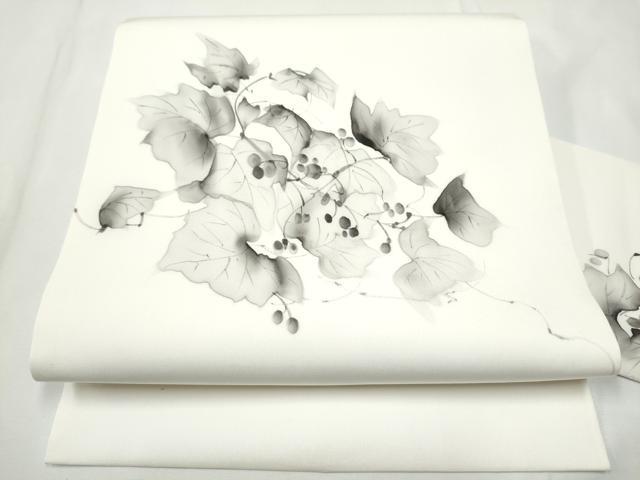 平和屋着物●塩瀬　九寸名古屋帯　作家物　手描き　葡萄蔦の葉文　正絹　逸品　CABE8657hy 平和屋着物○塩瀬 九寸名古屋帯 作家物 手描き 葡萄蔦の葉