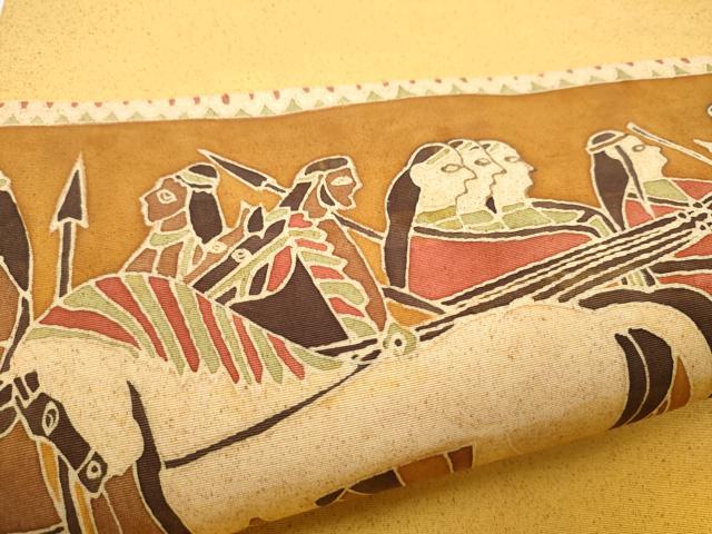 平和屋着物●塩瀬 九寸名古屋帯 ろうけつ染 エジプト壁画文様 正絹 逸品 CABE8662hy