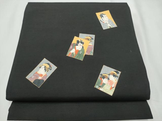 平和屋着物●九寸名古屋帯　色紙人物文　黒地　金彩　正絹　逸品　CABE8773hy 平和屋着物○九寸名古屋帯 色紙人物文 黒地 金彩 正絹 逸品 CABE8773hy
