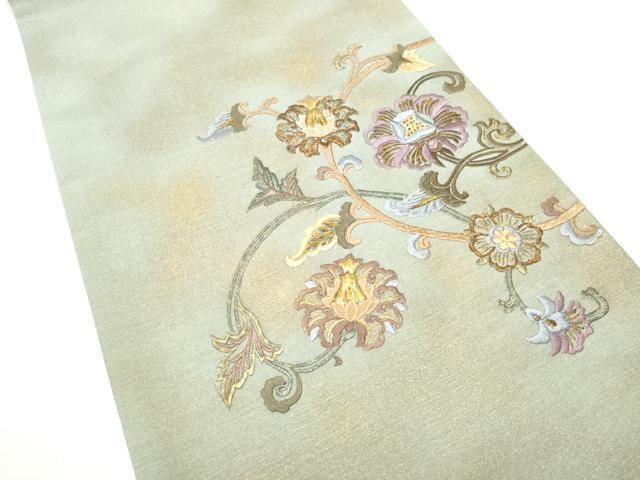平和屋着物●太鼓柄袋帯 紬地 総刺繍 更紗花唐草文 金彩 正絹 逸品 CABE8797hy