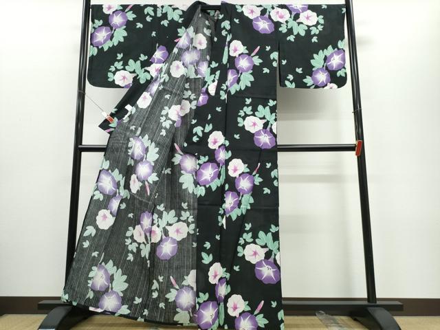 平和屋着物∴夏物 浴衣 朝顔 黒地 綿 逸品 CABE8867ng