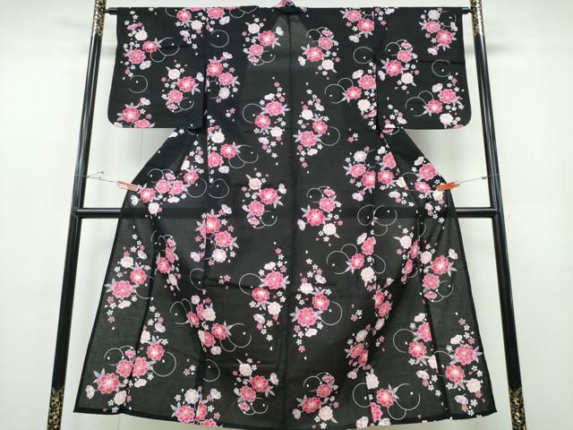 平和屋着物∴夏物 浴衣 綿紅梅 舞桜 黒地 綿 逸品 未使用 CABE8983ng