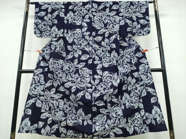 平和屋着物∴夏物 浴衣 藍 注染 手染め 手縫い 薔薇 日本製 綿 逸品 CABE8991ng