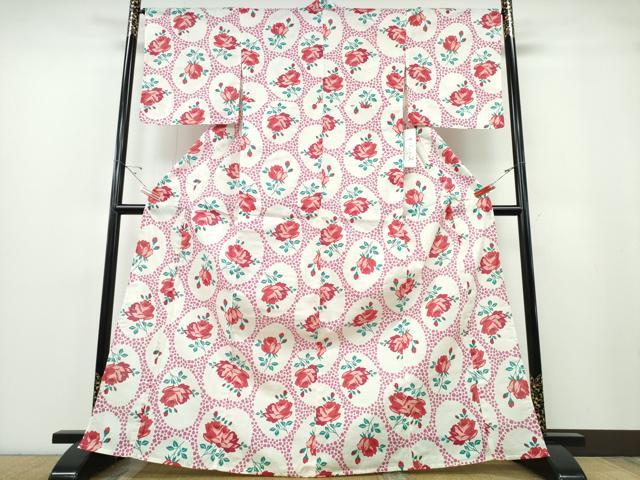 平和屋着物∴夏物 浴衣 綿紅梅 薔薇 綿 逸品 未使用 CABE8995ng