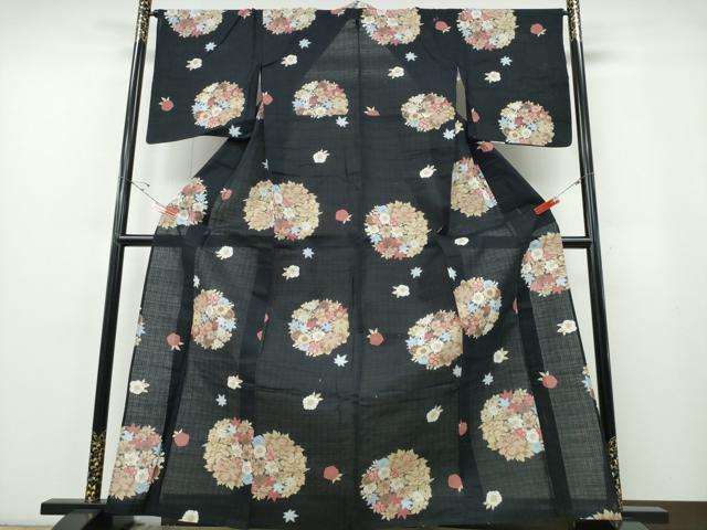 平和屋着物∴夏物 浴衣 美しいキモノ 黒地 花丸文 日本製 綿 逸品 未使用 CABE8999ng