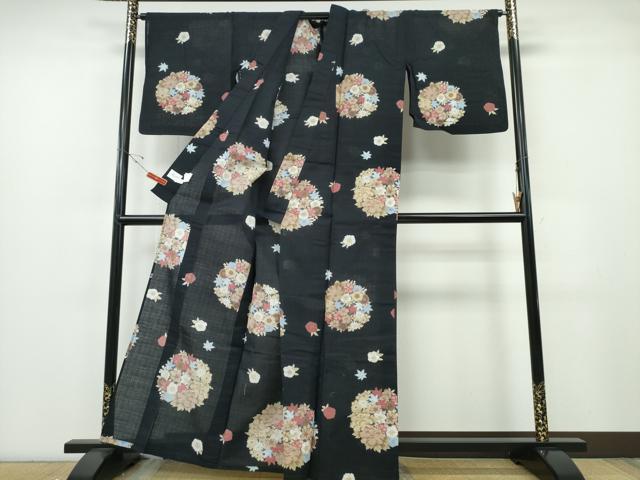 平和屋着物∴夏物 浴衣 美しいキモノ 黒地 花丸文 日本製 綿 逸品 未使用 CABE8999ng