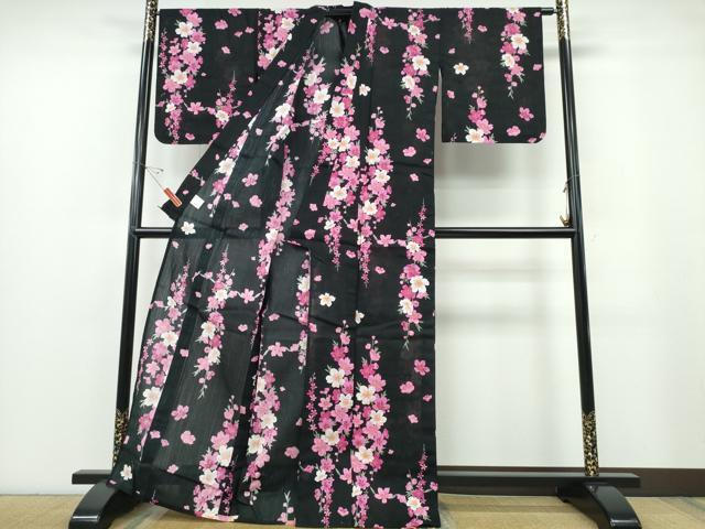 平和屋着物∴夏物 浴衣 草花文 黒地 綿 逸品 未使用 CABE9001ng