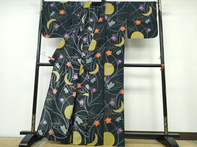 平和屋着物∴夏物 浴衣 月 雪芝花文 黒地 金彩 綿 逸品 CABE9004ng