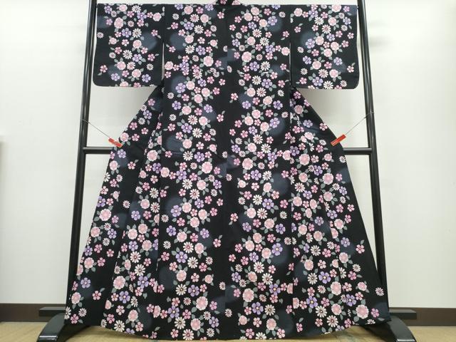 平和屋着物∴夏物 浴衣 舞花文 黒地 綿 逸品 未使用 CABE9087ng