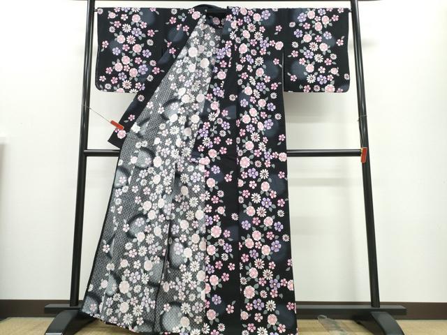 平和屋着物∴夏物 浴衣 舞花文 黒地 綿 逸品 未使用 CABE9087ng