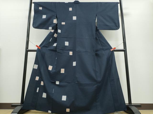 平和屋着物∴夏物 撫松庵 浴衣 片身替わり 格子柄 濃紺地 綿 逸品 CABE9090ng