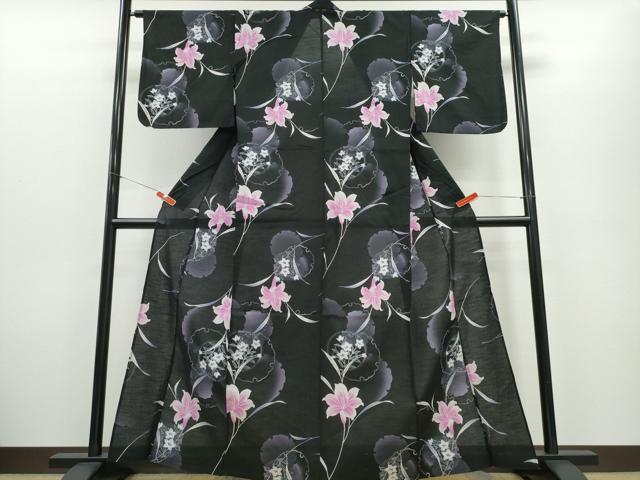 平和屋着物∴夏物 浴衣 ゆり 百合 雪輪草花文 黒地 綿 逸品 CABE9097ng