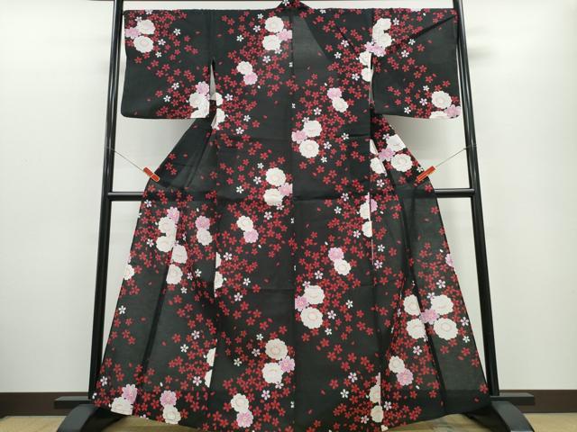 平和屋着物∴夏物 浴衣 舞桜花文 黒地 綿 逸品 CABE9105ng