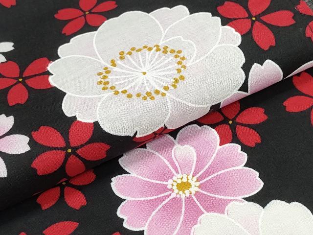 平和屋着物∴夏物 浴衣 舞桜花文 黒地 綿 逸品 CABE9105ng