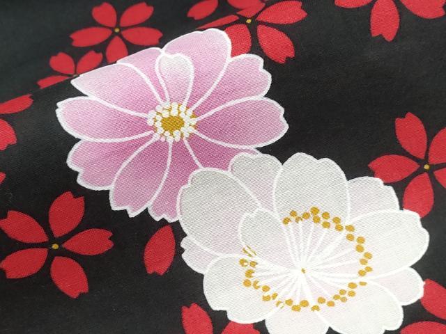 平和屋着物∴夏物 浴衣 舞桜花文 黒地 綿 逸品 CABE9105ng