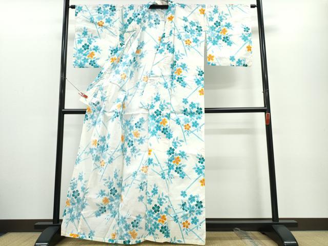 平和屋着物∴夏物 浴衣 竹垣枝花文 綿 逸品 CABE9107ng