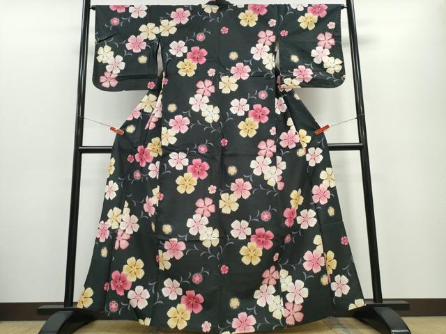 平和屋着物∴夏物 浴衣 草花文 黒地 綿 逸品 CABE9115ng