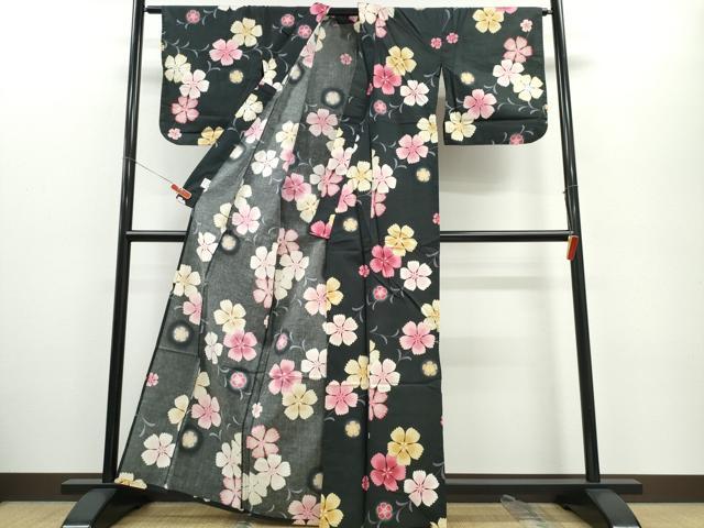平和屋着物∴夏物 浴衣 草花文 黒地 綿 逸品 CABE9115ng