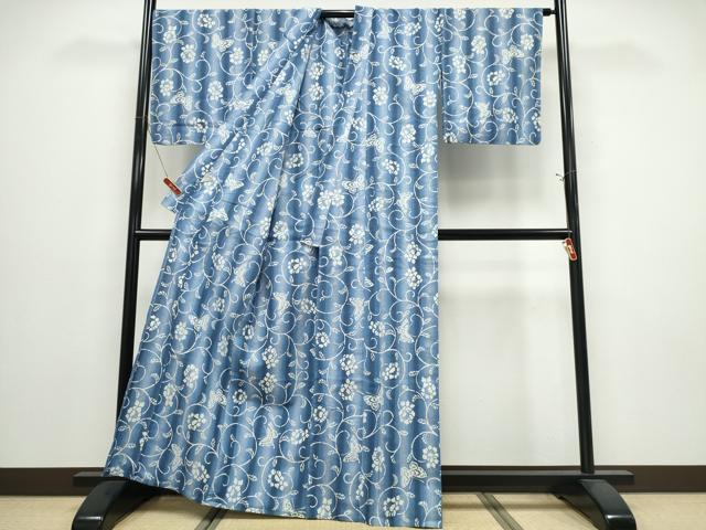 平和屋着物∴夏物 浴衣 注染 花唐草舞蝶文 日本製 綿 逸品 CABE9141ng