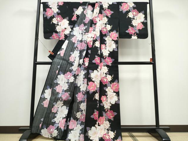 平和屋着物∴夏物 浴衣 枝牡丹 黒地 金彩 綿 逸品 未使用 CABE9146ng