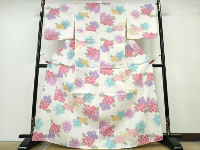 平和屋着物∴夏物 浴衣 舞桜 紫陽花 綿 逸品 未使用 CABE9178ng