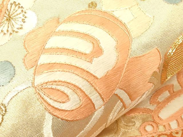 平和屋着物▼袋帯 総刺繍 駒刺繍 雪輪花文 金糸 正絹 逸品 CABE9224dy