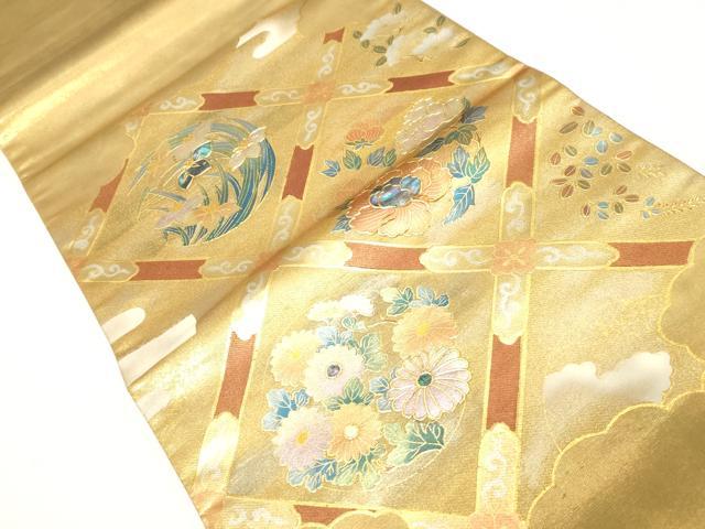 平和屋着物▼太鼓柄袋帯 螺鈿 天井草花丸文 金銀彩 正絹 逸品 CABE9346dy