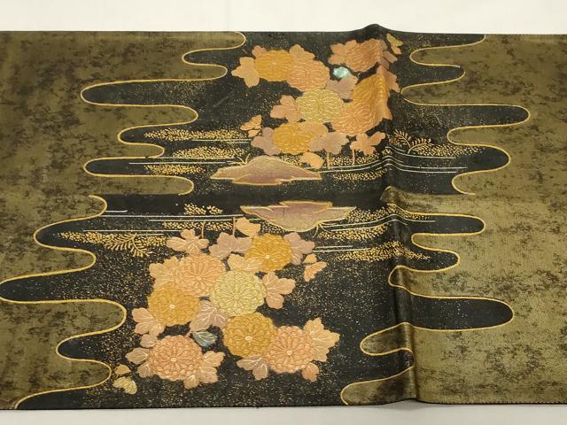 平和屋着物▼太鼓柄袋帯 螺鈿 風景花文 金彩 正絹 逸品 CABE9425dy