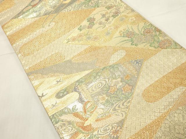 平和屋着物▼宝珠本佐賀錦 六通柄袋帯 九寸錦 花車飛鳥文 金糸 正絹 逸品 CABE9434dy