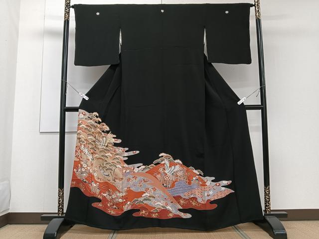 平和屋着物■豪華黒留袖 駒刺繍 宝花文 鶴 松竹梅 金彩 正絹 逸品 CABE9631xi