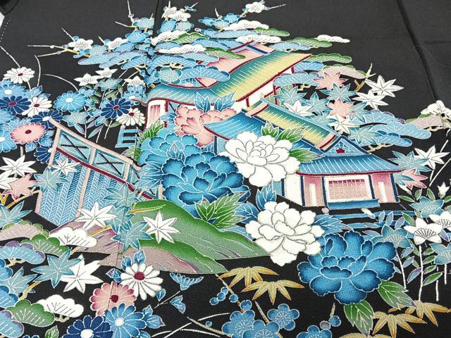 平和屋着物■豪華黒留袖 風景花文 松竹梅 金銀彩 正絹 逸品 CABE9664xi
