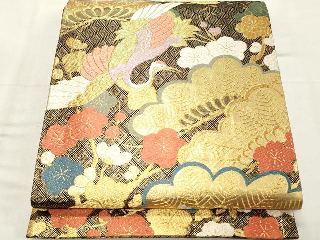 平和屋着物◎佐賀錦 六通柄 唐織 飛鶴梅松文 金糸 袋帯 正絹 逸品 CABF0029vf