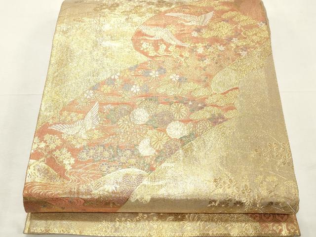 平和屋着物◎佐賀錦 六通柄袋帯 飛鶴花絵巻 金糸 正絹 逸品 CABF0036vf