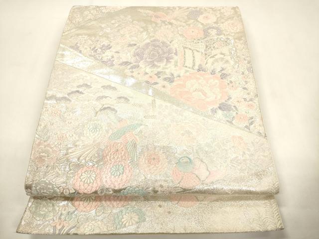 平和屋着物◎六通柄袋帯 唐織 九百錦 御所車花鳥文 銀糸 正絹 逸品 CABF0139ak