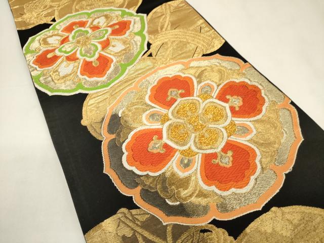 平和屋着物◎六通柄袋帯 唐織 正倉院鼓花文 黒地 金糸 正絹 逸品 CABF0163ak