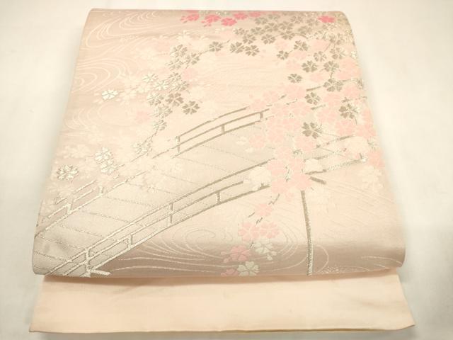 平和屋着物◎西陣 六通柄袋帯 唐織 渡り橋桜文 銀糸 正絹 逸品 未使用 CABF0173ak
