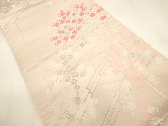 平和屋着物◎西陣 六通柄袋帯 唐織 渡り橋桜文 銀糸 正絹 逸品 未使用 CABF0173ak
