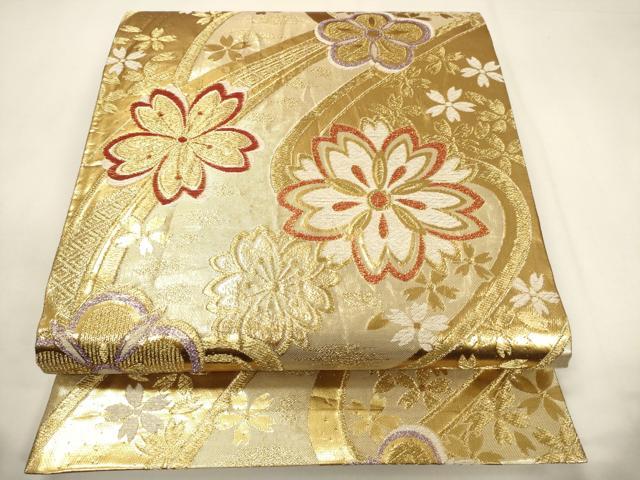 平和屋着物◎佐賀錦 六通柄袋帯 唐織 流水舞桜文 金糸 正絹 逸品 CABF0203ak