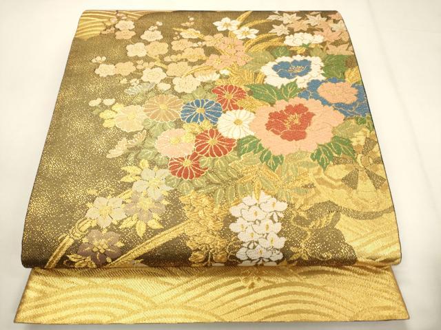 平和屋着物◎六通柄袋帯 唐織 立波花車文 金糸 正絹 逸品 CABF0204ak