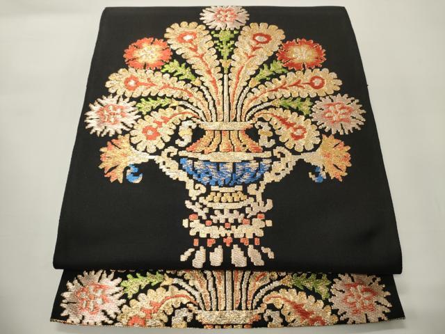 平和屋着物●六通柄 本袋帯 伊太和華文 黒地 金銀糸 正絹 逸品 CABF0330ak