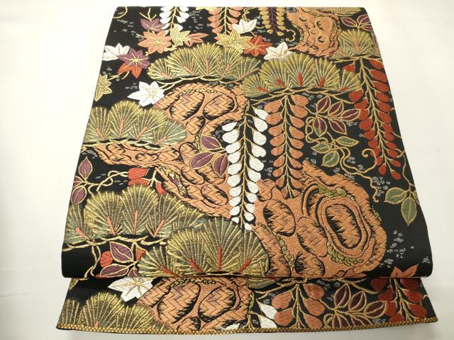 平和屋着物●六通柄袋帯 唐織 松藤紅葉文様 黒地 金糸 正絹 逸品 CABF0335ak