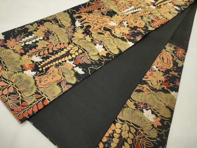 平和屋着物●六通柄袋帯 唐織 松藤紅葉文様 黒地 金糸 正絹 逸品 CABF0335ak