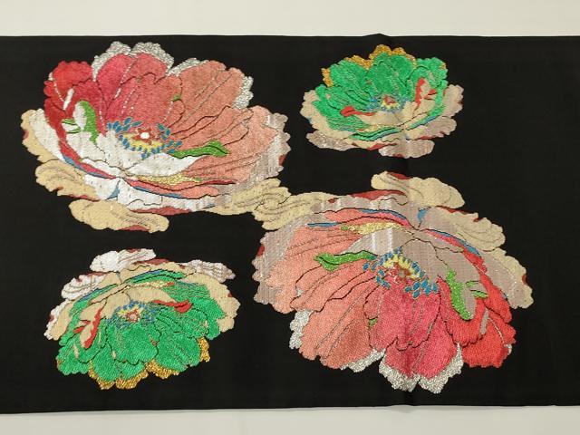 平和屋着物●六通柄 本袋帯 彩釉牡丹錦 黒地 金銀糸 正絹 逸品 未使用 CABF0341ak