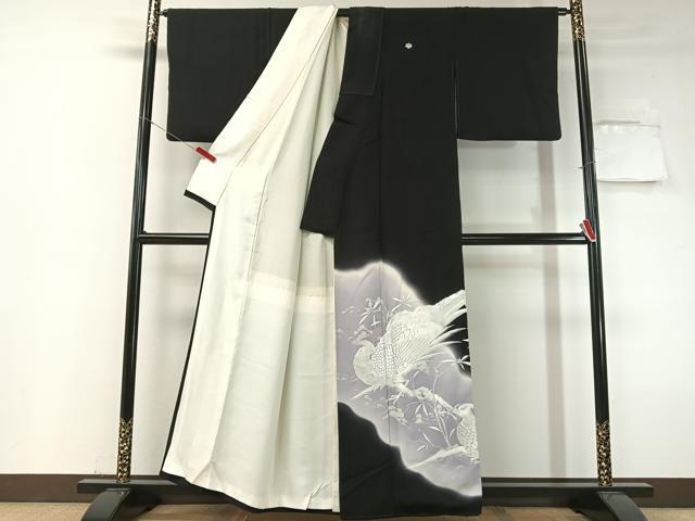 平和屋着物▼豪華黒留袖 総刺繍 双鳥花文 暈し染め 金糸 正絹 逸品 CABF0484vp