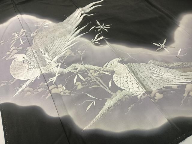 平和屋着物▼豪華黒留袖 総刺繍 双鳥花文 暈し染め 金糸 正絹 逸品 CABF0484vp