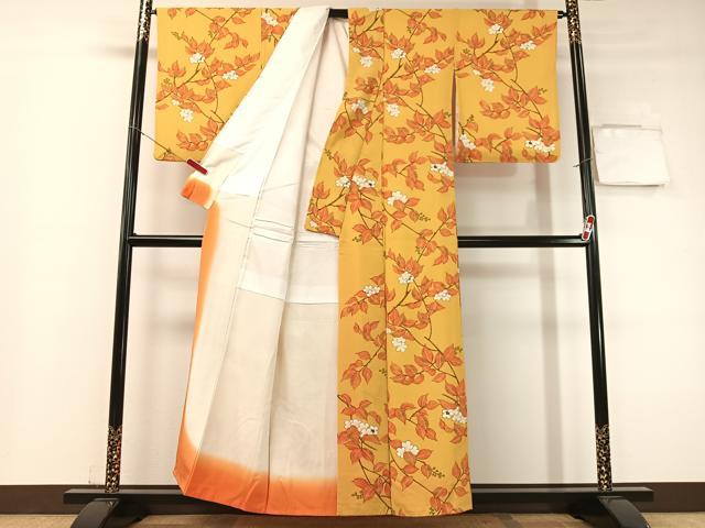 平和屋着物▼上質な小紋 手描き 枝花文 鬼しぼ縮緬 正絹 逸品 CABF0603vp