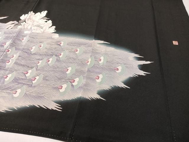 平和屋着物▼日本工芸会正会員 福島輝子 黒留袖 刺繍 孔雀牡丹文 暈し染め 金銀糸 正絹 逸品 CABF0690vp