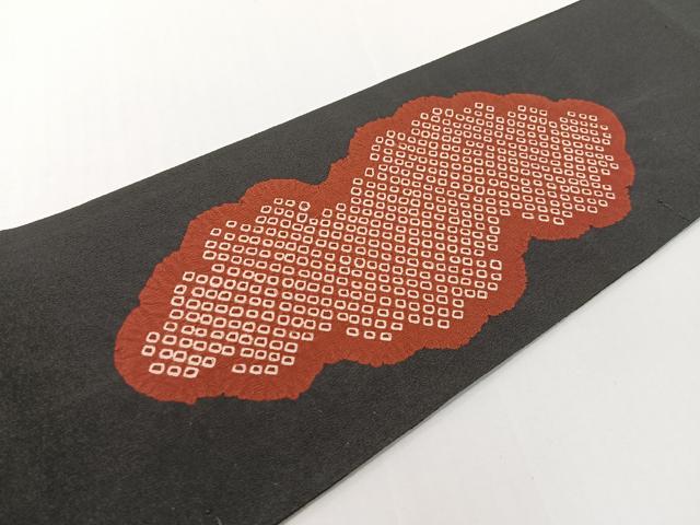 平和屋着物●塩瀬 九寸名古屋帯 絞り 雲取り文 黒地 正絹 逸品 CABF0783vp
