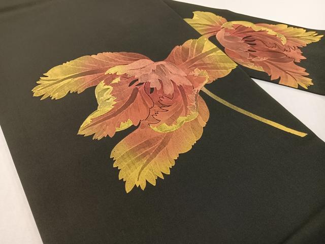 平和屋着物●塩瀬 九寸名古屋帯 作家物 手描き ろうけつ染め 枝花文 黒地 正絹 逸品 CABF0791vp