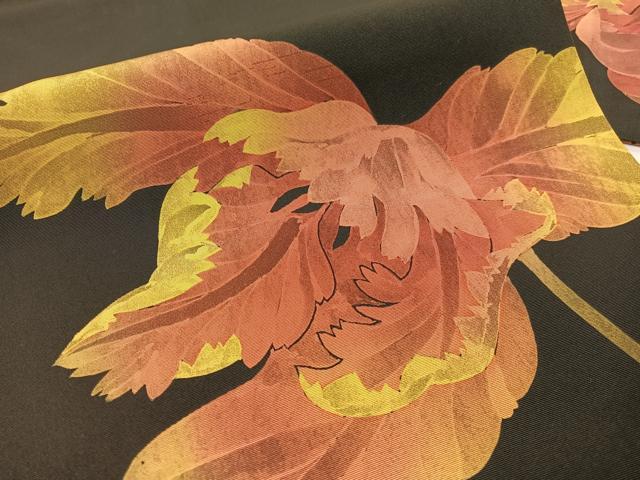 平和屋着物●塩瀬 九寸名古屋帯 作家物 手描き ろうけつ染め 枝花文 黒地 正絹 逸品 CABF0791vp